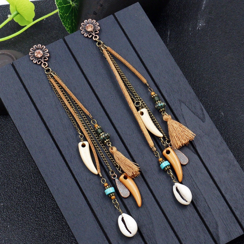 Boho Vintage Tooth Shell Tassel Long Chain Earring